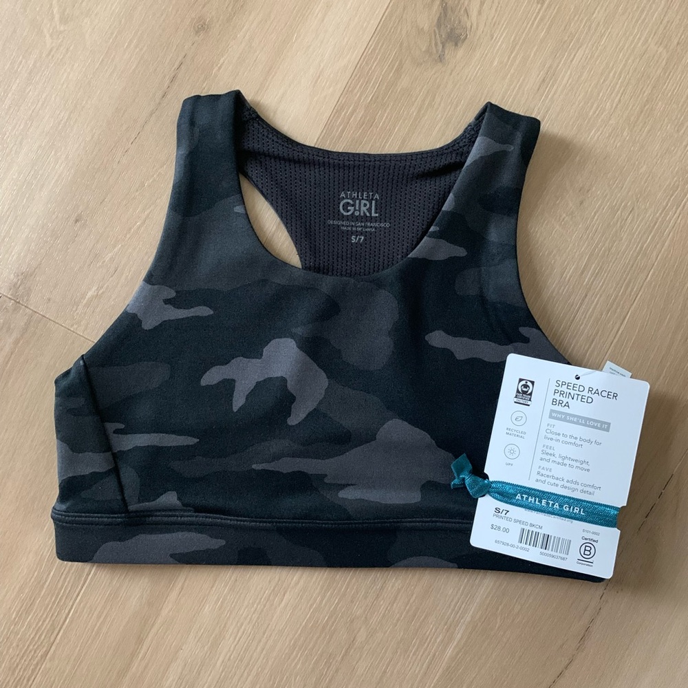 Lot of 5 brand new Athleta girls size S (7) racerback sports bras. Black camo!